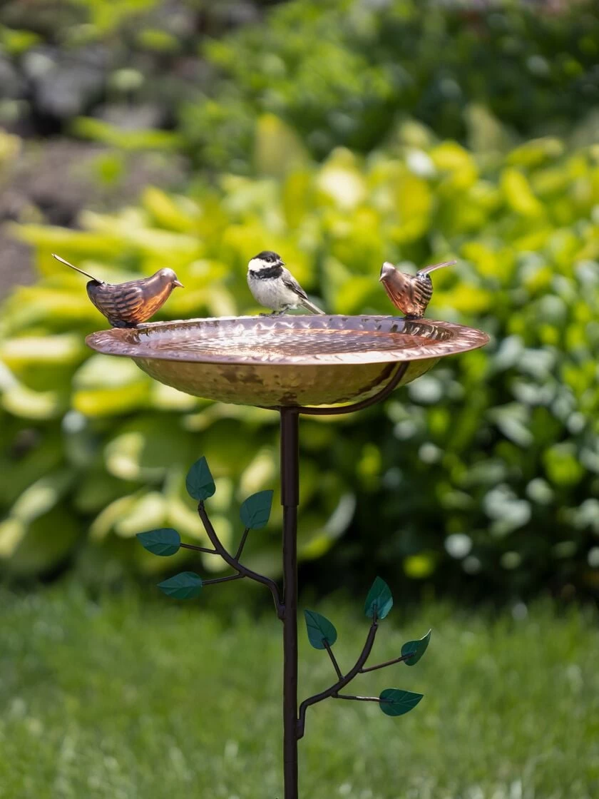 Pure Copper Bird Bath With Two Copper Birds And Tree Multipronged Garden Pole 1 Pure Copper Bird Bath With Two Copper Birds And Tree Multipronged Garden Pole