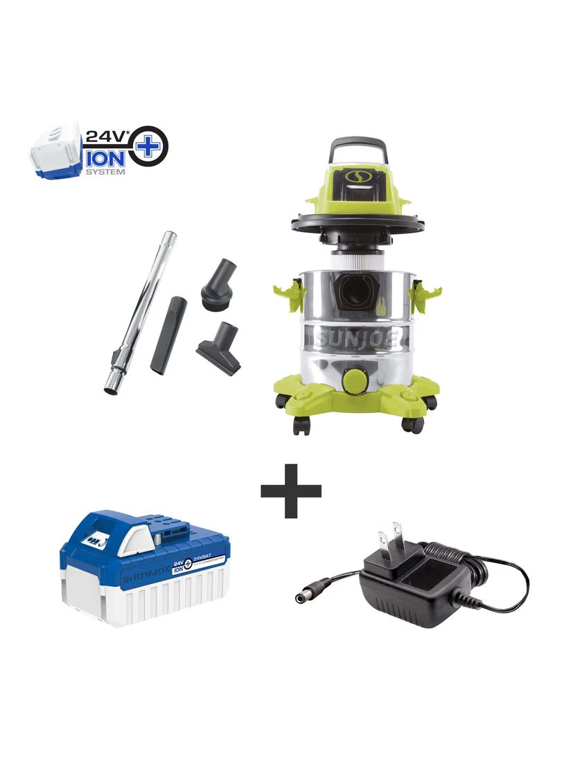 Sun Joe 24V-WDV6000 24-Volt ION+ Cordless Portable Stainless Steel Wet/Dry Vacuum Kit | 5.3 Gal | W/ 4.0-Ah Battery And Charger 1 Sun Joe 24V-WDV6000 24-Volt ION+ Cordless Portable Stainless Steel Wet/Dry Vacuum Kit | 5.3 Gal | W/ 4.0-Ah Battery And Charger