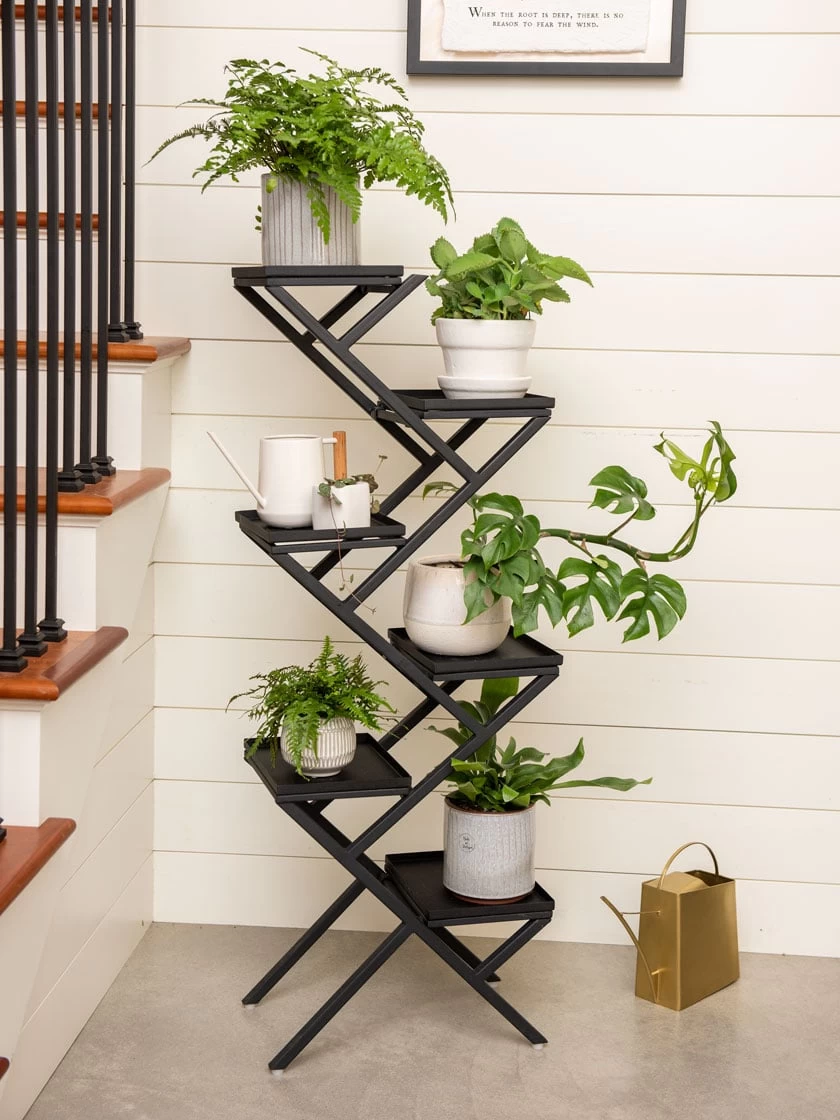 Crisscross Cascading Plant Stand With Black Trays 1 Crisscross Cascading Plant Stand With Black Trays